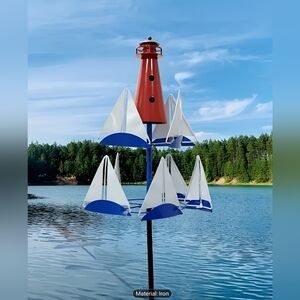 Unique lighthouse & sailboats double wind spinner, NIB